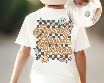 Retro Fourth Grade Shirt For Boys, 4th Grade Tee for Girls,Kids First Day of School TShirt,Child Back to School Vintage Checkerboard T shirt