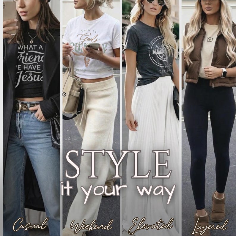 The image is a collage of four fashion photos featuring different styles of clothing and accessories.