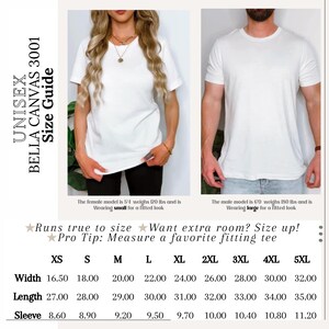 The image is a collage of two photos, one showing a woman wearing a white t-shirt and the other showing a man wearing a white t-shirt. The collage includes text providing size recommendations for different t-shirt sizes, as well as a size guide for the t-shirts.