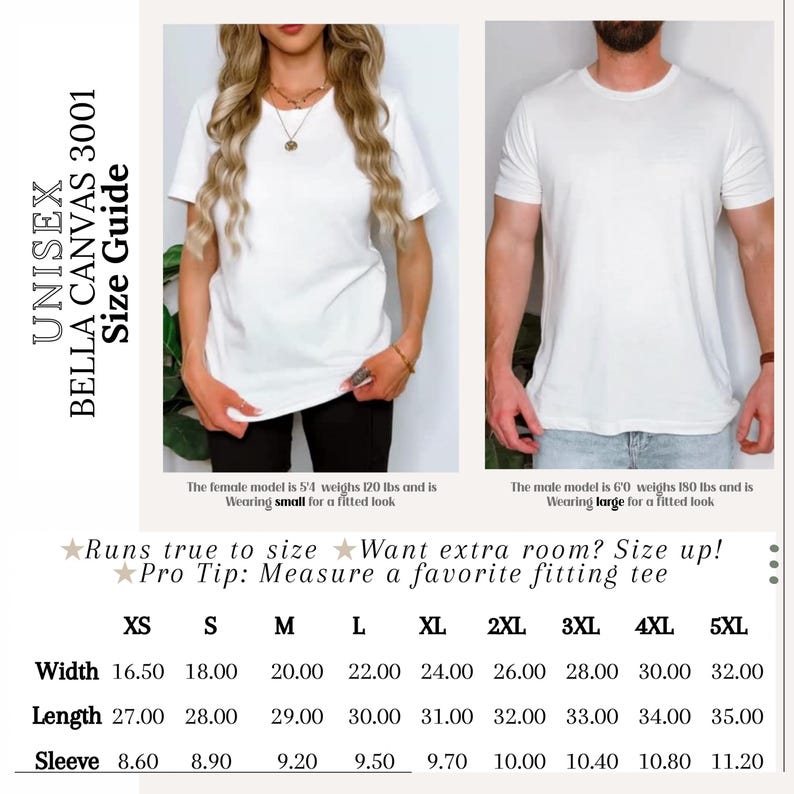 The image is a collage of two photos, one showing a woman wearing a white t-shirt and the other showing a man wearing a white t-shirt. The collage includes text providing size recommendations for different t-shirt sizes, as well as a size guide for the t-shirts.
