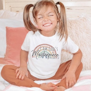 Christian Shirt for Kids, God's Masterpiece Bible Verse, Religious Shirt for Children, Sunday School Apparel, Rainbow Faith Christian Gifts