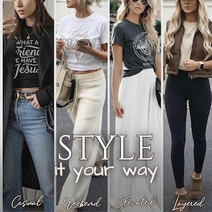 The image is a collage of four fashion photos featuring different styles of clothing and accessories.
