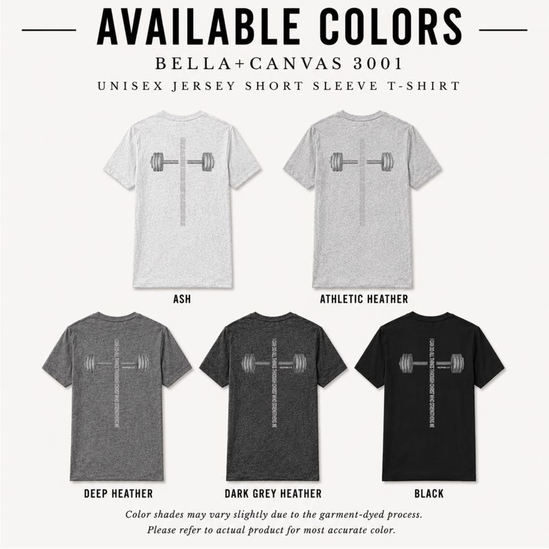 a collection of t-shirt designs in various colors, including gray, black, and ash. The t-shirts feature different designs, such as a cross and weights, and are available in different color shades.
