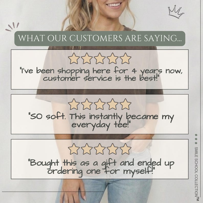The image is a collage of three customer reviews, each with a rating of 5 stars. The reviews express satisfaction with the customer service, stating that it has improved since the last time they shopped there. The reviews also describe the customer service as "instantly became my everyday tee" and how it was a "gift" that they ended up ordering for themselves.