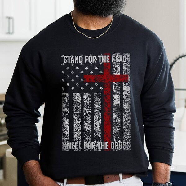 Patriotic Sweatshirt - "I Stand For The Flag I Kneel For The Fallen" Print, Black, Size XL