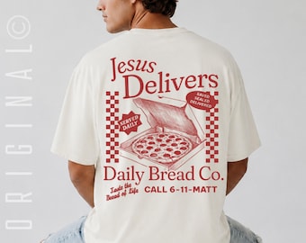 Jesus Delivers Pizza Christian Shirt for Men, Funny Bible Verse Tshirt, Religious Gift for Him, Christian Streetwear Tee, Teen Boy Outfit