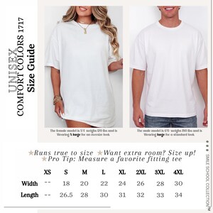 The image is a collage of two photos, one showing a woman wearing a white t-shirt and the other showing a man wearing a white t-shirt. The collage includes text providing information about the size guide for the t-shirts.