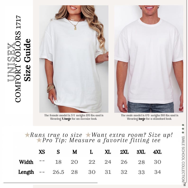 The image is a collage of two photos, one showing a woman wearing a white t-shirt and the other showing a man wearing a white t-shirt. The collage includes text providing information about the size guide for the t-shirts.