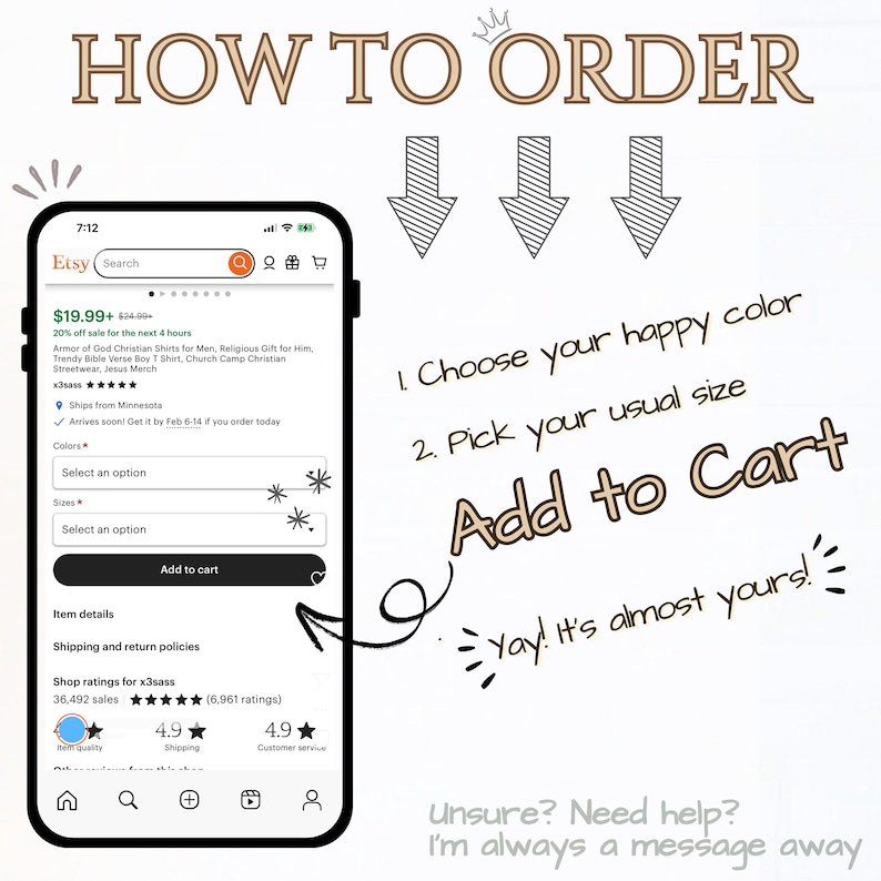 The image is a smartphone screen displaying an eBay shopping app interface, with a list of items for sale and instructions on how to add them to a cart.