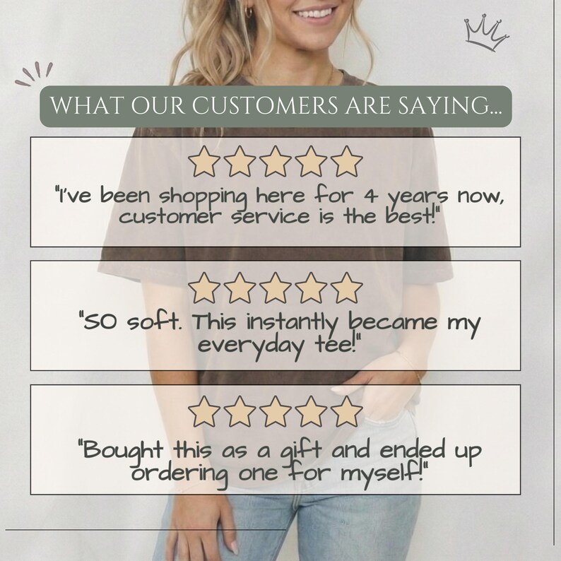 The image is a collage of three customer reviews, each with a rating of 5 stars. The reviews express satisfaction with the customer service, stating that it has improved since the last time they shopped there. The reviews also describe the customer service as "so soft" and "instantly became my everyday tee". The reviews conclude with the sentiment that the customer service was a gift and that they ended up ordering one for themselves.