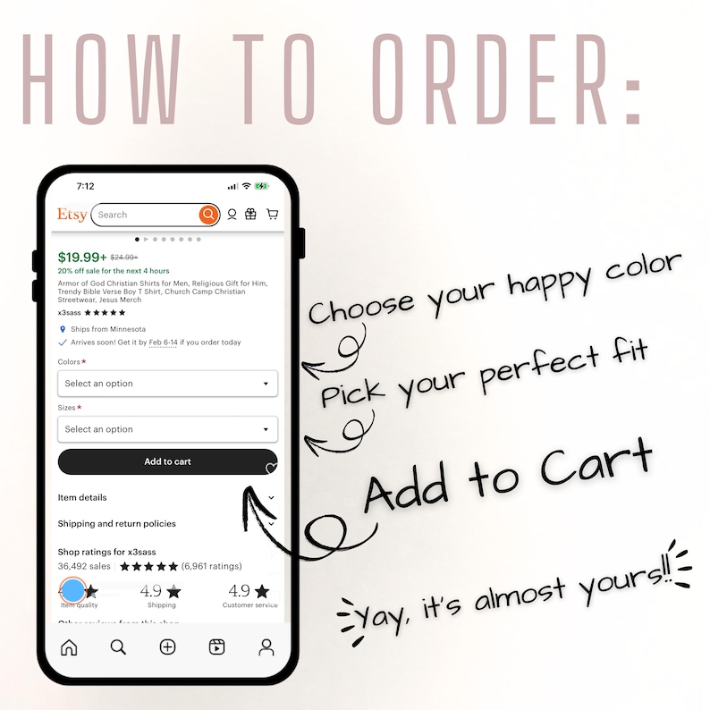 The image is a screenshot of an eBay shopping app interface, showing a user searching for a product on the app. The app interface includes a search bar, a list of available products, and a checkout process with options to add items to cart and proceed to checkout.