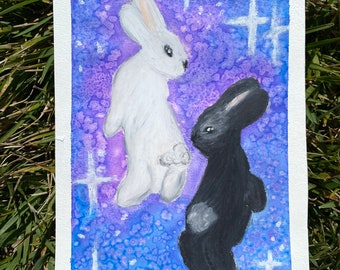Space Bunnies Art PRINT - Whimsical Rabbit Art, Cottagecore Art