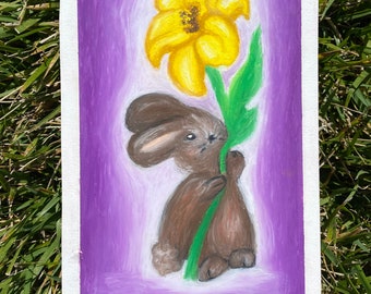 Little Bunny, Big Flower, Bunnies Art PRINT - Whimsical Rabbit Art, Cottagecore Art