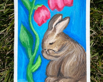 Bunny Resting Under a Flower, Bunnies Art PRINT - Whimsical Rabbit Art, Cottagecore Art