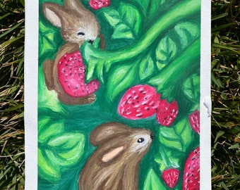 Berries and Bunnies Art PRINT - Whimsical Rabbit Art, Cottagecore Art