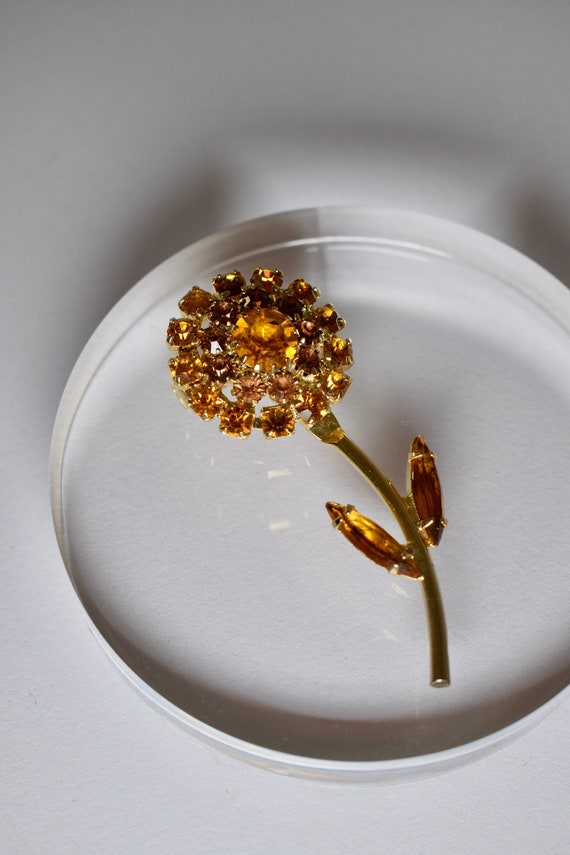 Vintage Gold Flower and Stem Brooch, Sparkly Amber