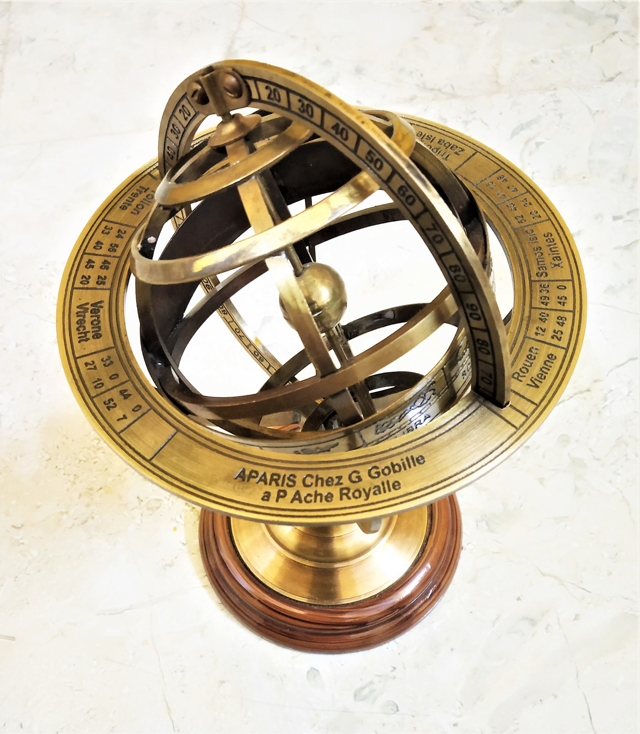 Brass Armillary Sphere Astrolabe on Wooden Base Maritime Antique ...