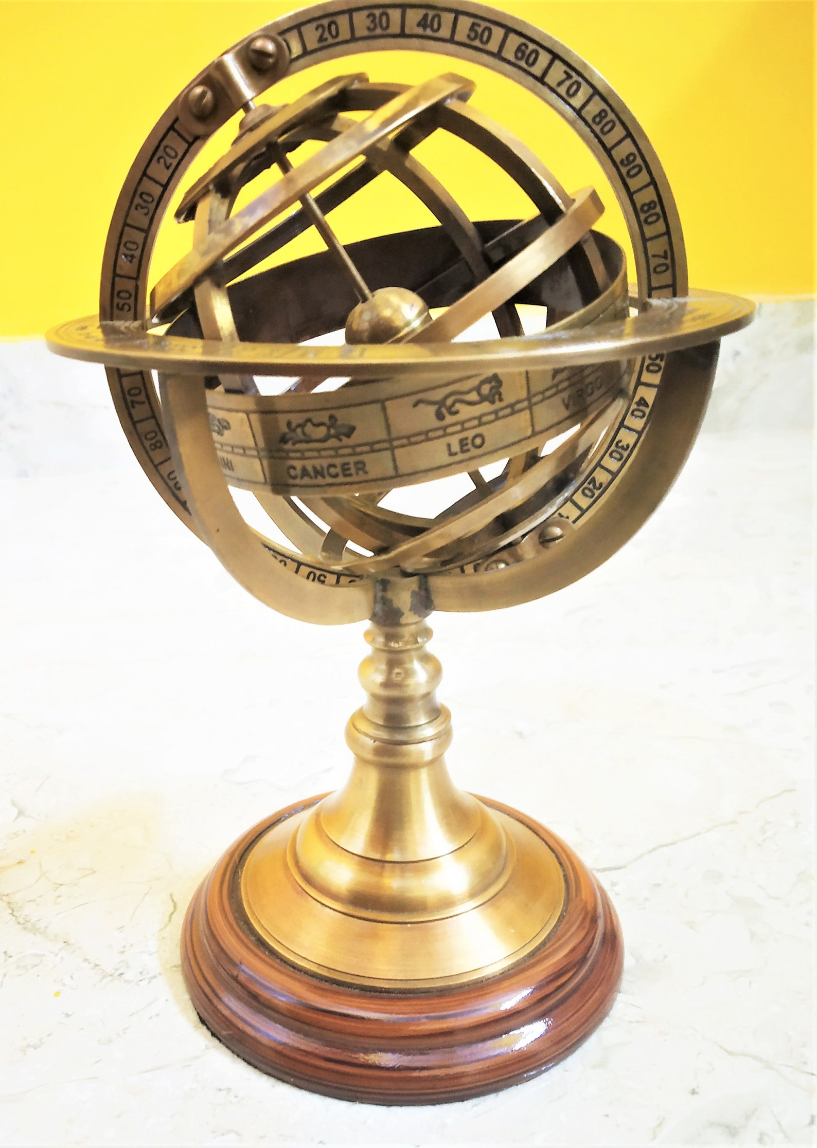 Brass Armillary Sphere Astrolabe on Wooden Base Maritime Antique