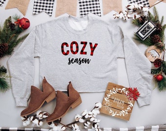 Women’s Cozy Season Crewneck Sweatshirt, Cropped Winter Sweatshirt, Buffalo Plaid Sweater