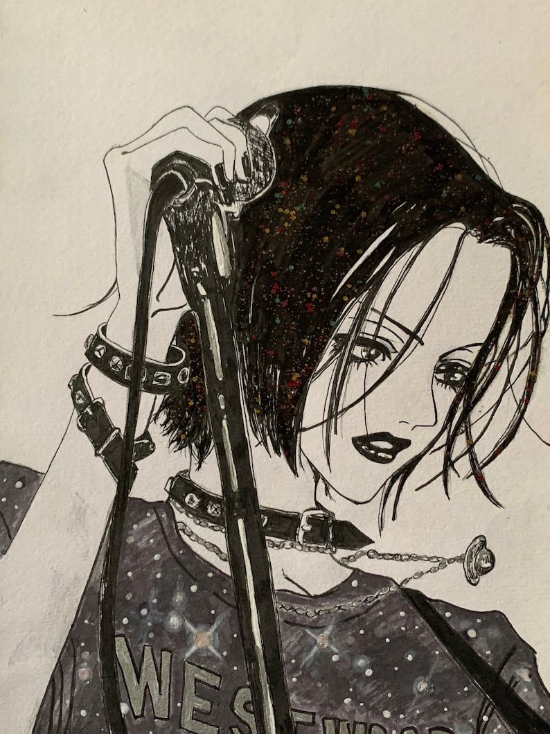 May include: Black and white illustration of a person with short black hair holding a microphone. The person is wearing a black choker necklace, a silver chain necklace with a charm, and a black t-shirt with a galaxy print and the word "WEST" on it.