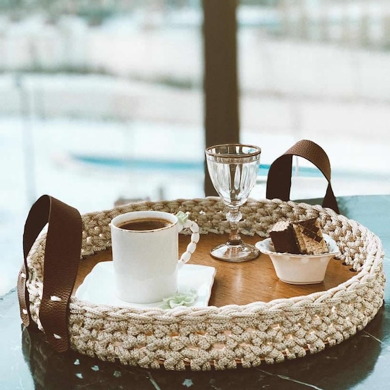 Macrame Rope Knitting Decorative & Serving Tray Wooden Bottom - UPS Express Shipping