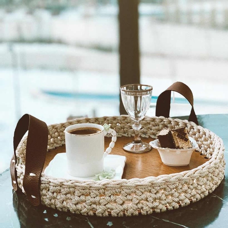 Macrame Rope Knitting Decorative & Serving Tray Wooden Bottom