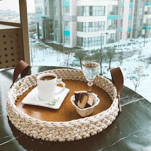 Macrame Rope Knitting Decorative & Serving Tray Wooden Bottom With Custom Color