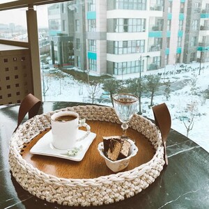 Macrame Rope Knitting Decorative & Serving Tray Wooden Bottom