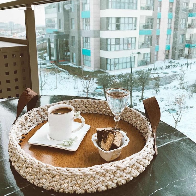 Macrame Rope Knitting Decorative & Serving Tray Wooden Bottom