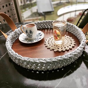 Macrame Rope Knitting Decorative & Serving Tray Wooden Bottom