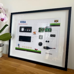 Op de afbeelding: Een ingelijste print van een Sega Master System console met een diagram van de interne componenten. De print bevat een kleine illustratie van Sonic the Hedgehog die door een level rent met gouden ringen.