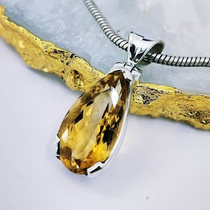 Natural Citrine Faceted Pendant, 925 Sterling Silver, Yellow Crystal, Healing Stone, Birthday Gift, Anniversary Gift. Free Shipping.