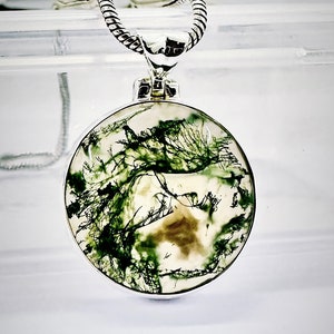 Beautiful Moss Agate Pendant, 925 Sterling Silver, Valentine's Gift , Anniversary Gift,Green Stone, Hippie Jewellry. Free Shipping.