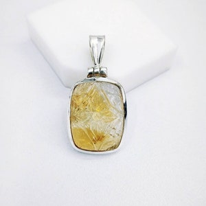 Citrine Carved Pendant, 925 Sterling Silver, Yellow Crystal, Healing Stone, Birthday Gift, Mother&#39;s Gift, Anniversary Gift. Free Shipping.