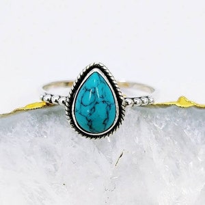 Sterling Silver Turquoise Ring: Teardrop Gemstone, Dainty Design