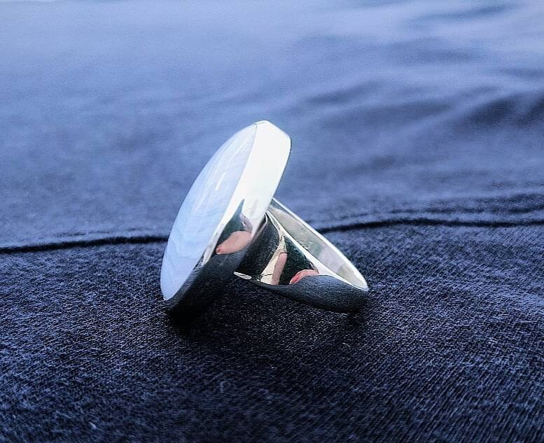 指輪・リング Hand made Blue Agate ring Handmade Stainless Steel Ring w/ Blue Agate, Petrified Wood & Blue