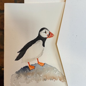 Cartão original em aquarela - Papagaio-do-mar pintado à mão