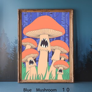 Arte murale con funghi audaci / Stampa di funghi psichedelici retrò / Decorazione con foresta fantasy colorata