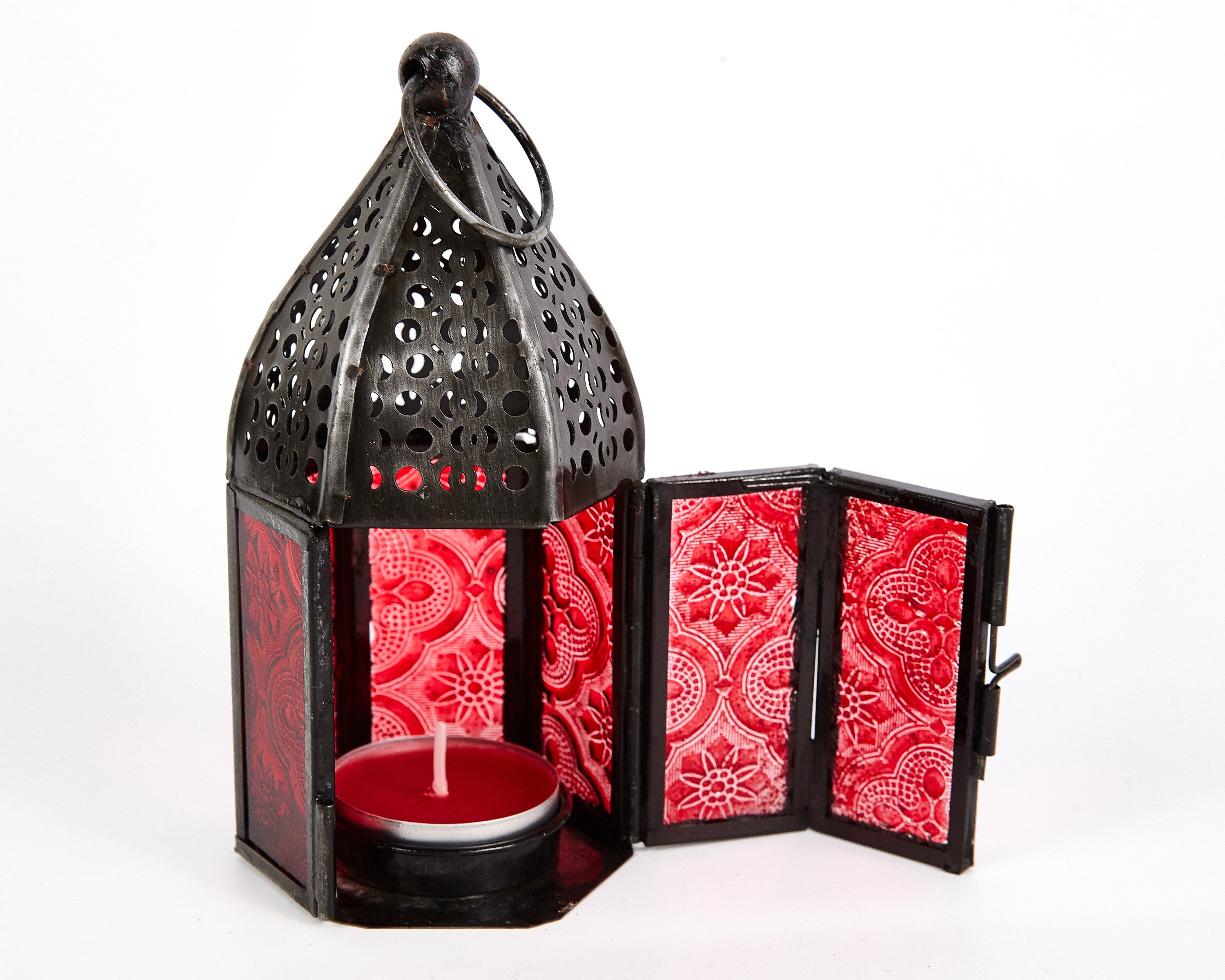 Red Hexagonal Steeple Top Lantern Tea Light Candle Holder Etsy