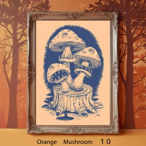 Stampa di un ceppo di fungo retrò - Arte murale di un fungo arancione, disegno di una foresta psichedelica, illustrazione fantasy
