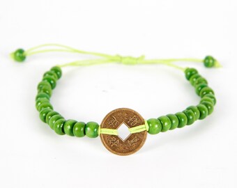 Lime Green Bali Lucky Coin Bracelet, Good Fortune Friendship Bracelet Feng Shui