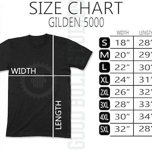 Gildan 5000 Size Chart | Flat Lay Mockup T-Shirt | Gildan Size Chart | Unisex Tee Size Chart Mockup