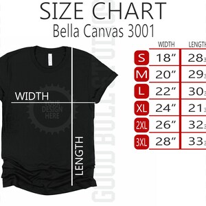Bella Canvas 3001 Größentabelle | Flache Lay Mockup T-Shirt | Bella Canvas-Größentabelle | Unisex Tee Größe Diagramm Mockup