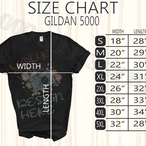 Gildan 5000 Size Chart | Flat Lay Mockup T-Shirt | Gildan Size Chart | Unisex Tee Size Chart Mockup