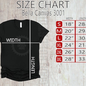 Bella Canvas 3001 Größentabelle | Flache Lay Mockup T-Shirt | Bella Canvas-Größentabelle | Unisex Tee Größe Diagramm Mockup