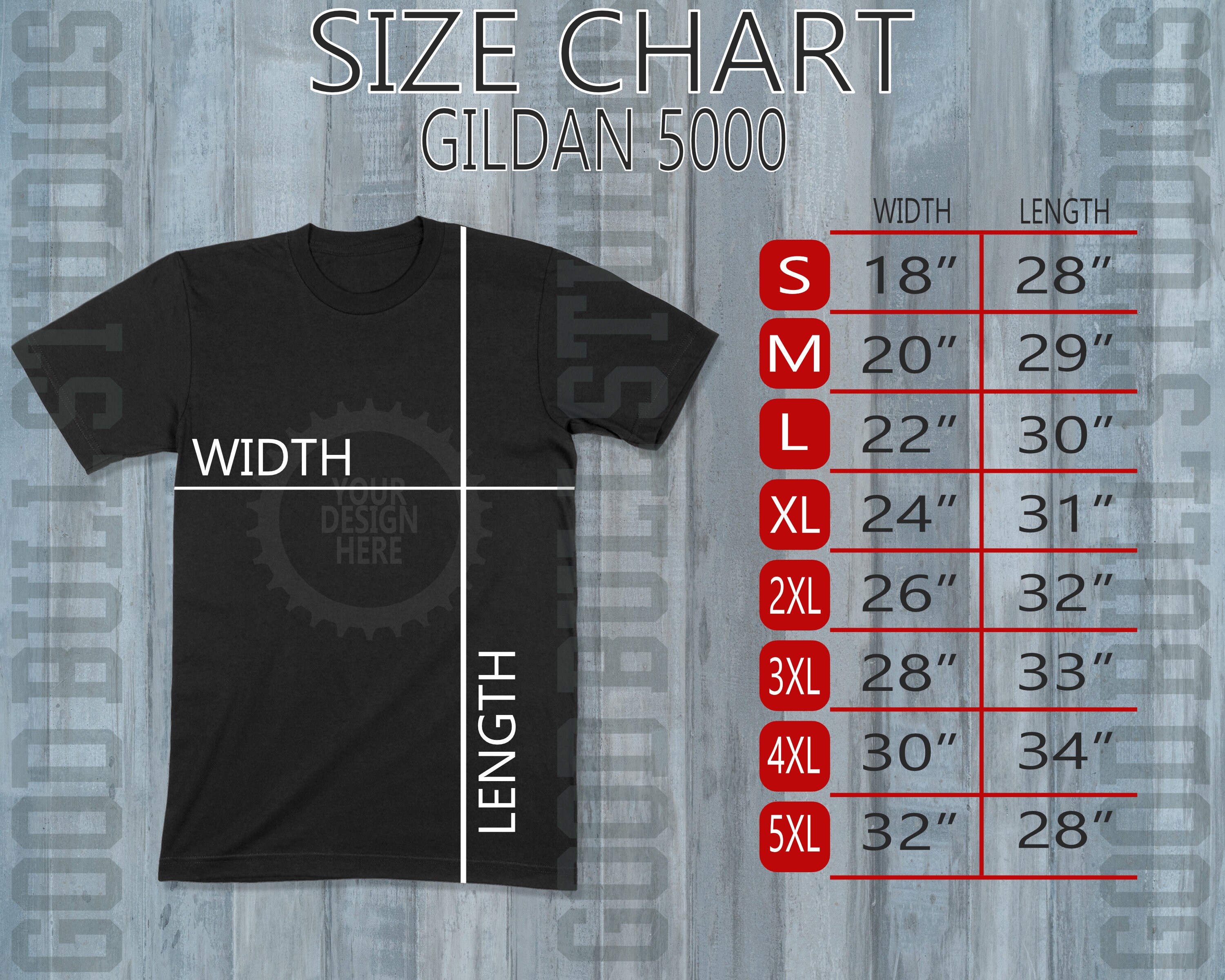 Gildan 5000 Size Chart Flat Lay Mockup T-shirt Gildan Size - Etsy