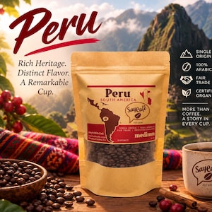 May include: A tan stand-up pouch of SayCafe Peru medium roast coffee beans. The label features a map of South America, the text Peru South America, and 8 oz. A ceramic mug with the SayCafe logo sits nearby on a wooden surface with coffee beans.
