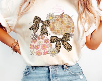 Pumpkin Bow Shirt, Retro Fall Tee, Floral Pumpkin Shirt, Cute Autumn Top, Thanksgiving Outfit, Cozy Season Gift