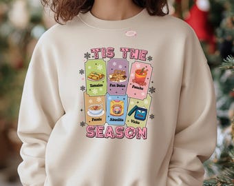 Sudadera con estampado de tamales y pan dulce, estilo ponche, ideal para Navidad latina. También disponible como regalo para la abuelita.