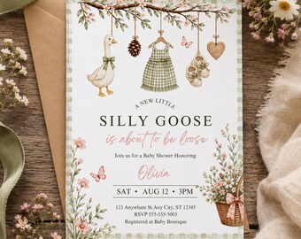 Goose Baby Shower Invitation, Green Ginham Floral Invite Editable Canva Template Digital Download